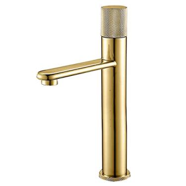 Imagem de Torneira de pia de latão do banheiro, alça única, lavatório de água quente e fria, torneira misturadora de banheiro, montada no deck do banheiro, fosca alta, torneira de pulverização curta, ouro a(alta), china