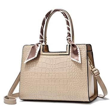 Imagem de Bolsa feminina com alça superior e estampa de crocodilo bolsa de couro elegante e grande bolsa transversal com zíper, Caqui