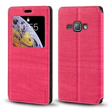 Imagem de Capa para Samsung Galaxy J1 6 Duos LTE, capa de couro de grão de madeira com suporte de cartão e janela, capa flip magnética para Samsung Galaxy J1 4G (4,5 polegadas) rosa