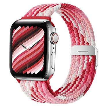 Imagem de WFEAGL Pulseira trançada Loop em nylon elástico compatível com Apple Watch 38mm 40mm 41mm 42mm 44mm 45mm e Ultra 49mm, pulseira de elástico para Apple Watch Séries SE/8/7/6/5/4/3 (Relógio não incluso)- Morango Vermelho