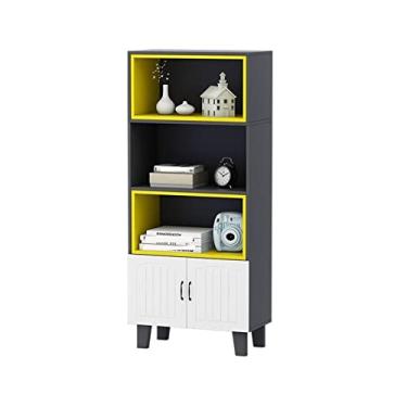 Imagem de KIZQYN Estante de livros do chão ao teto luz simples luxo sala de estar quarto varanda escritório estante de quatro andares com porta cinza + moldura interna amarela estante