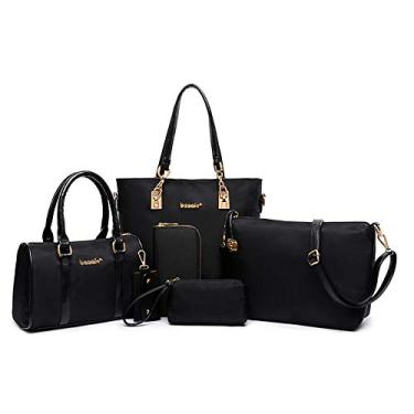 Imagem de AlwaySky Conjunto de 6 peças de bolsa de ombro feminina de nylon com alça superior e carteira, Preto, 11.8x5.1x11.8 inches