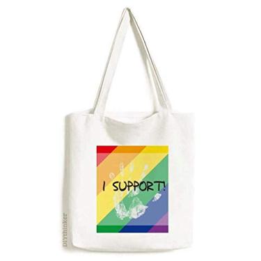 Imagem de LGBT Bolsa de lona com bandeira de arco-íris I Support Sacola de compras casual