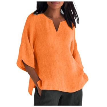 Imagem de Lainuyoah Blusas soltas da moda para mulheres 2024 blusa moderna estampada meia manga casual de linho pulôver camisetas modernas divididas, C - Laranja, XXG