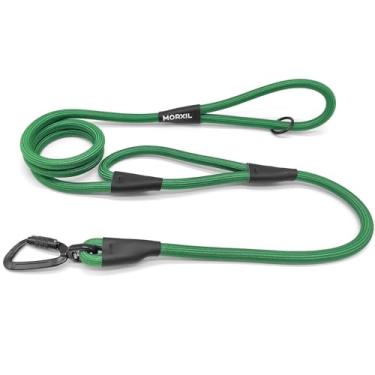 Imagem de MORXIL Coleira de corda para cães com duas alças, coleira resistente de 1,8 m com mosquetão de travamento automático de alumínio de aviação, guia de nylon forte para cães pequenos, médios e grandes