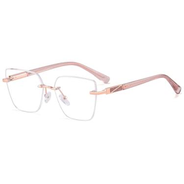 Imagem de Óculos femininos sem aro, lentes quadradas, transparentes, armação de óculos de gato, armação feminina, Ouro rosa e rosa
