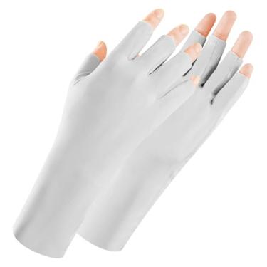 Imagem de HATINXIA Luvas UV para manicure em gel, luvas profissionais de proteção solar FPS 50+ UV para lâmpada de unhas, arte de unhas, luvas de proteção anti-UV sem dedos para mulheres, 1 par (cinza claro)