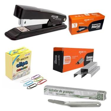 Imagem de Kit Grampeador Metal + Grampo Galvanizado + Clips 2/0 + Extrator ideal