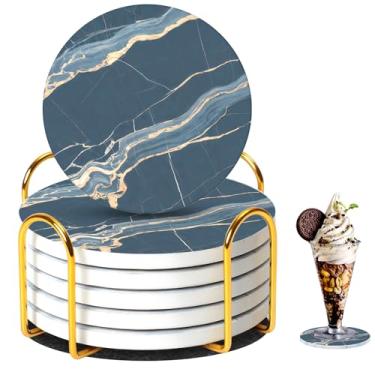 Imagem de Saraudy Conjunto de 6 porta-copos de cerâmica com suporte, estilo mármore, porta-copos absorvente para decoração de casa, carro, copos, canecas e copos (azul escuro)