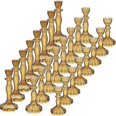 Imagem de Mumufy 24 peças de castiçais cônicos de vidro para castiçais de 2 cm, 10 cm, 10 cm, 20 cm de altura, suporte de castiçal decorativo de cristal, peça central para festa de casamento e Natal (âmbar)