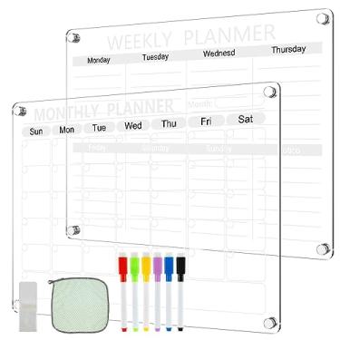 Imagem de QUWUMGD Conjunto de calendário magnético acrílico transparente planejamento quadro em branco apagável a seco com 6 canetas marcadoras, suporte de caneta, toalha reutilizável, planejador mensal/semanal