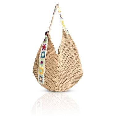 Imagem de Sacola de viagem de malha expansível para mulheres – Bolsa de ombro grande dobrável, meia malha, adequada para bagagem de mão, branca e cáqui, Caqui