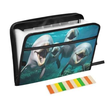 Imagem de Wassud Cute Dolphins Organizador de arquivos sanfonado de 13 bolsos com abas e adesivos, organizador de pastas de documentos de recibo de papel tamanho carta A4 para viagens de escritório