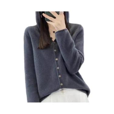 Imagem de Cardigã Feminino De Lã Merino 100% Tricotado, Moletom Com Capuz Para O