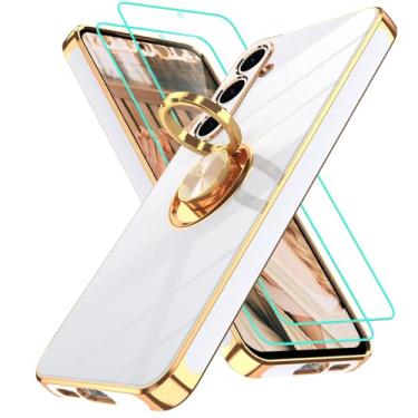 Imagem de Gritup Capa para Samsung Galaxy S24 FE | 2 peças protetoras de tela | Suporte magnético de rotação de 360°, capa protetora à prova de choque de TPU macio com borda dourada banhada a ouro para S24 FE