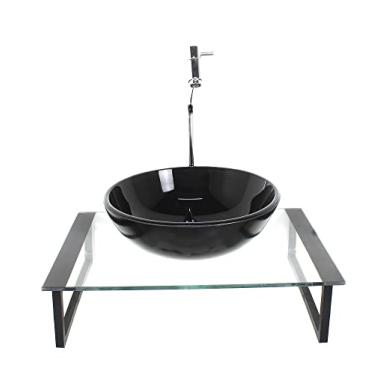 Imagem de KIT CUBA DE VIDRO REDONDA 10MM TAMPO 50CM PRETO COM SUPORTE TORNEIRA VALVULA