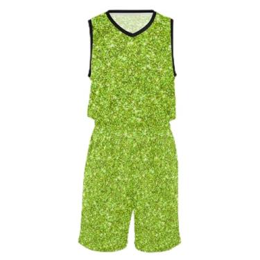 Imagem de CHIFIGNO Camiseta de basquete infantil com glitter dourado, tecido macio e confortável, vestido de jérsei de basquete 5T-13T, Glitter verde brilhante, M