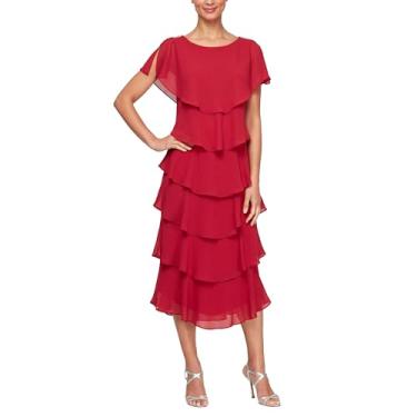 Imagem de S.L. Fashions Vestido feminino Georgette gola canoa em camadas comprimento midi casamento convidada com detalhe de ombro frisado, Vermelho maçã, 42