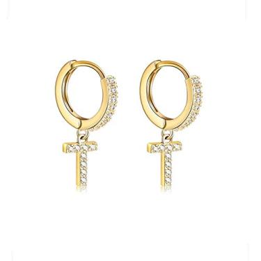 Imagem de Brincos com inicial de zircônia cúbica folheados a ouro 14 K delicados brincos de argola pequena letras hipoalergênicas para mulheres e meninas Dourado
