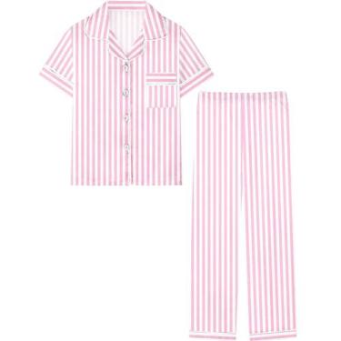Imagem de Pijama feminino Umeyda, seda, cetim, listras, rosa, XXL