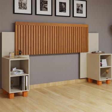 Imagem de Cabeceira Box Mumbai Ripada Ajustável com Nicho Extensível para Cama Casal/queen Off White/naturale