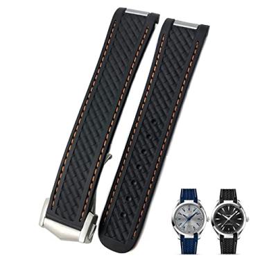 Imagem de SKXMOD Pulseira de relógio de borracha curva de 20 mm adequada para Omega AT150 Aqua Terra Seamaster 300 pulseira de relógio com fivela de implantação de aço (cor: linha laranja preta, tamanho: fivela
