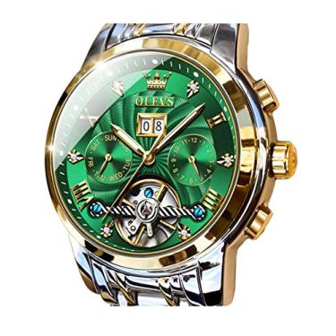 Imagem de Relógio de pulso masculino OLEVS esqueleto, automático, 5 ponteiros, mecânico, clássico, vários calendários, de aço inoxidável, à prova d'água, Verde