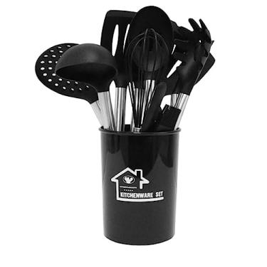 Imagem de Conjunto de utensílios de cozinha de silicone 15 peças utensílios de silicone antiaderente espátula para cozinhar qualidade preum com cabo de aço inoxidável preto