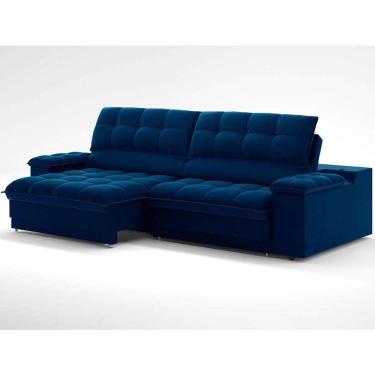 Imagem de sofá 3 lugares retrátil e reclinável helen com usb e porta-copos veludo azul marinho 230 cm