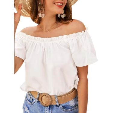 Imagem de MakeMeChic Blusa feminina de verão tomara que caia manga curta com acabamento de babados, Branco, G