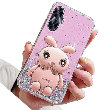 Imagem de Rnrieyta Miagon Rabbit Glitter Stand Case para Oppo Realme C55, capa protetora de TPU macio transparente brilhante fina à prova de choque com suporte de coelho fofo, rosa