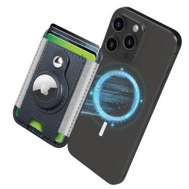 Imagem de CLARKCAS Suporte magnético para cartão de telefone, carteira de couro MagSafe com compartimento para cartão antiperda Airtag para iPhone 15/14/13/12/Pro/Pro Max/Plus Series Azul
