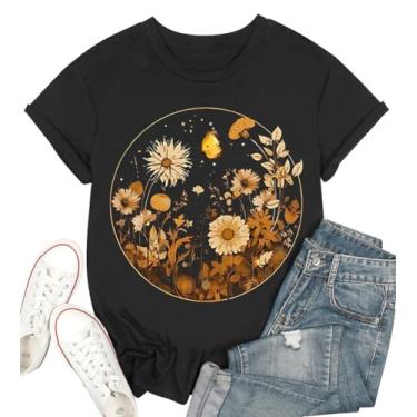 Imagem de YLISA Camiseta feminina vintage com flores boêmias, floral, botânica, casual, estampa de flores silvestres, Preto 3, GG