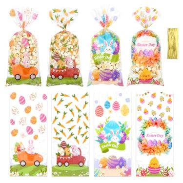 Imagem de Sacos de celofane de Páscoa, sacos de biscoito de doces de Páscoa felizes, 100 peças, ovos de coelho, cenouras, guirlandas, sacos de presente de plástico transparente com 100 peças, torção dourada,