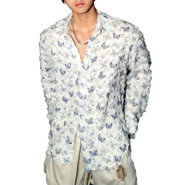 Imagem de Camisa masculina de malha floral de malha transparente transparente com botões, Borboleta - Azul, G