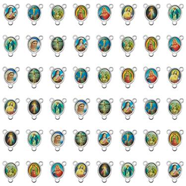 Imagem de 50 peças centro rosário oval Nossa Senhora Medalha Milagrosa Berloques Imagem Jesus Esmalte Ligação Crucifixo Pingentes Lustre Links para Colar DIY Fabricação de Joias, Zinco Esmalte Zinco, Sem Pedra
