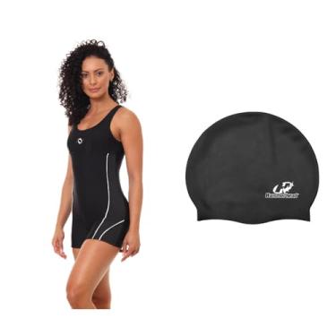 Imagem de Kit Macaquinho Feminino Natação e Touca De Silicone Grande (Preto/Branco - Touca Preta, G)