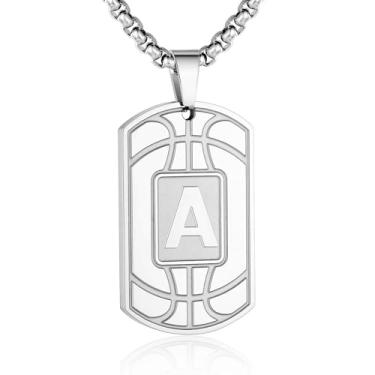 Imagem de Colar masculino com etiqueta de basquete inicial A-Z - pingente com corrente de aço inoxidável 55 cm + 5 cm - joia personalizada para atletas esportivos, Prata, Sem Pedra Preciosa