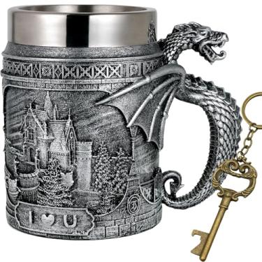 Imagem de Alikiki Caneca de café Medieval Castle Dragon - Presentes de Dungeons and Dragons para homens 595.3 g inoxidável GOT Game Cup of Thrones canecas de cerveja caneca - decoração de festa temática dragão