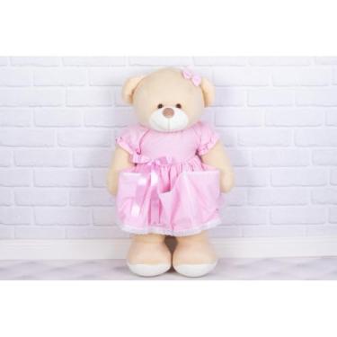 Imagem de PELUCIA URSO PORTA FRALDAS VESTIDO COM LESE (LISO/POÁ) (POÁ ROSA COM BRANCO MIUDO)