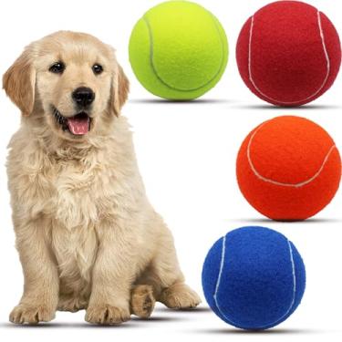 Imagem de Bolas de tênis para cães, pacote com 4, bolas de tênis gigantes de 10 cm, grande para cães, brinquedos para mastigar animais de estimação grandes para esportes ao ar livre/interno (multicolorido,