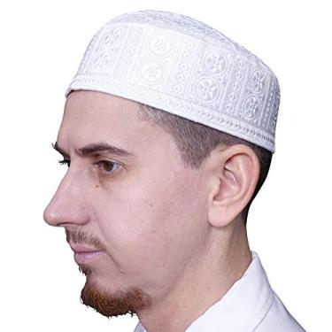 Imagem de TheKufi Chapéu kufi muçulmano branco bordado rígido estilo paquistanês Topi (PP nº 7 (53,8 cm))