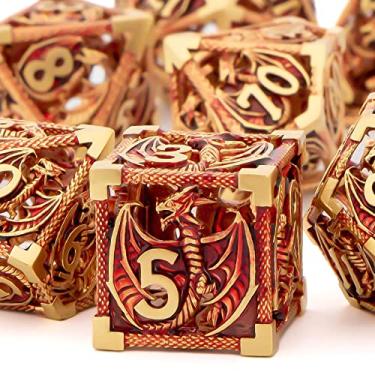 Imagem de KERWELLSI Hollow Metal Dice Set DND with Box, 7 Pcs Gold Red Dungeons and Dragons Polyhedral D&D Dice Sets, 20 Sided D and D D+D RPG Role Playing Games Dice D20 D12 D10 D% D8 D6 D4