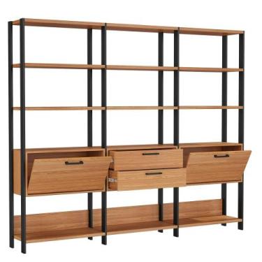 Imagem de Estante Alta Estilo Industrial 2 Portas 2 Gavetas E93 Freijó/Preto Fos