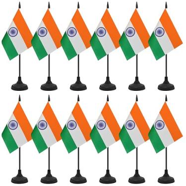 Imagem de Conjunto de 12 bandeiras de mesa da Índia, bandeira de mesa indiana, bandeira de mesa pequena em miniatura com mastro preto e base preta, sala de aula, decoração de mesa de reunião de escritórios