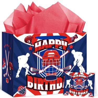 Imagem de Frakron Bolsa de presente de aniversário de hóquei para meninos e meninas adolescentes grande bolsa de presente de festa de hóquei com cartão de papel de embrulho de aniversário de hóquei com tema
