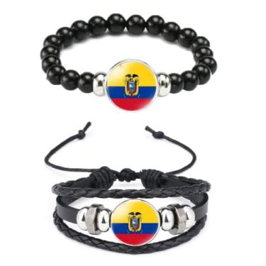 Imagem de Ykonuyis Pulseira de corda elástica de metal com contas pretas e pulseira de corda trançada de couro de liga para homens e mulheres apoia o seu país, Medium, Zinco, Vidro