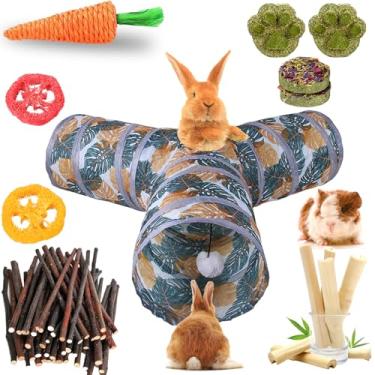 Imagem de Grddaef Túnel de coelho, túnel de coelho dobrável de 3 vias e tubos com esconderijo de animais pequenos, brinquedos de mastigar para coelho, porquinho-da-índia, furão, hamster