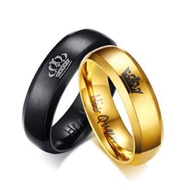 Imagem de Anel dourado Her King preto/His Queen - anel masculino feminino de aço inoxidável aliança de casamento anel de compromisso de noivado, Aço inoxidável