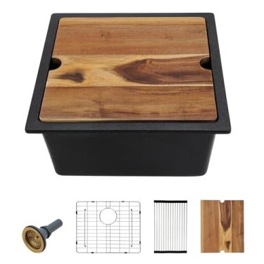 Imagem de Pia de lavanderia com 18 peças – Fulorni 45,72 cm x 45,72 cm, estação de trabalho, granito preto fosco, composto de quartzo, clássico, embaixo do balcão, tigela única, bacia de lavanderia